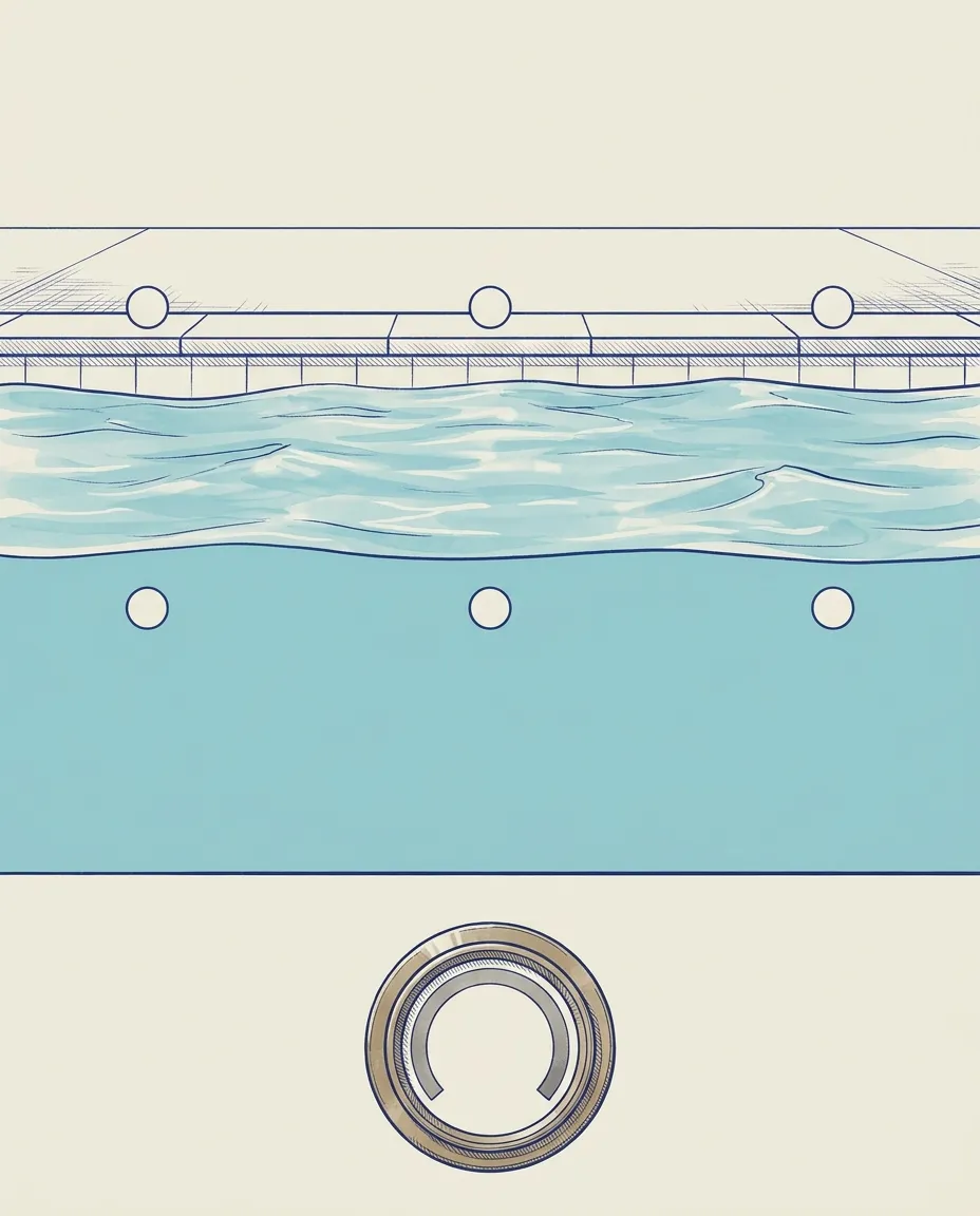 Illustrated outdoor pool at the coping edge, with a sunlit waterline band filling the middle of the frame and a small stamped equipment gauge in the lower band.
