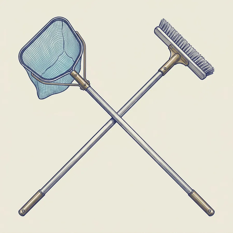 Illustrated pool skimmer net and long-handled brush, crossed together, on a plain worklight-ivory ground.